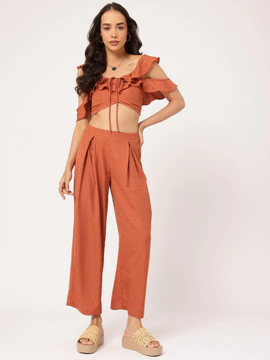 DressBerry Stylish & Romantic Ruffle Dobby Detail Pleated Co-Ords - Image 2