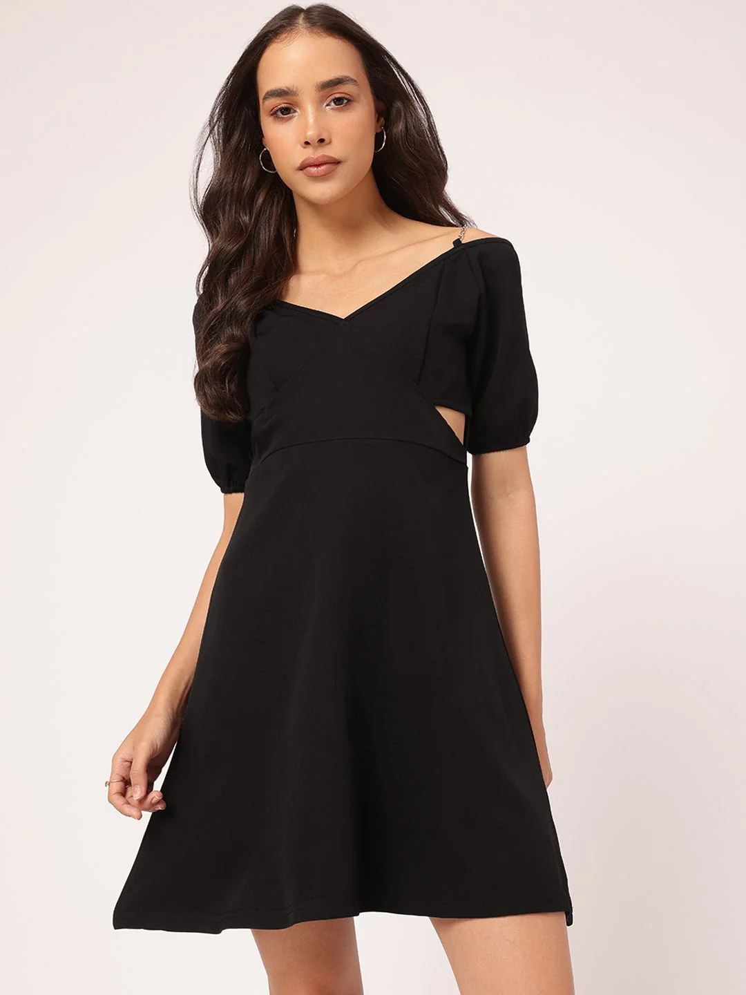 DressBerry Stylish & Savvy Chain Strap Detail Puff Sleeve Cut-Out A-Line Mini Dress - Image 2