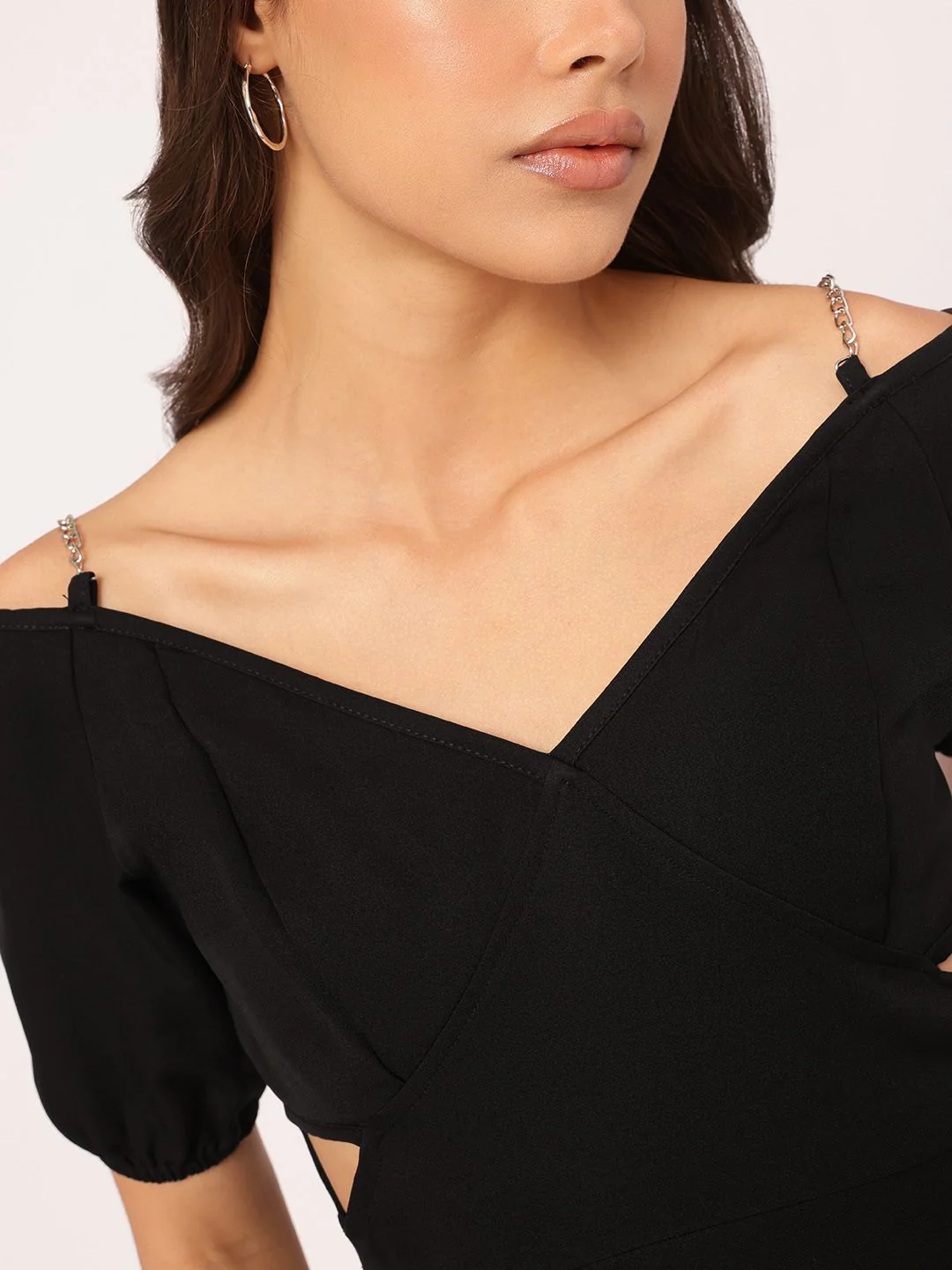 DressBerry Stylish & Savvy Chain Strap Detail Puff Sleeve Cut-Out A-Line Mini Dress - Image 3