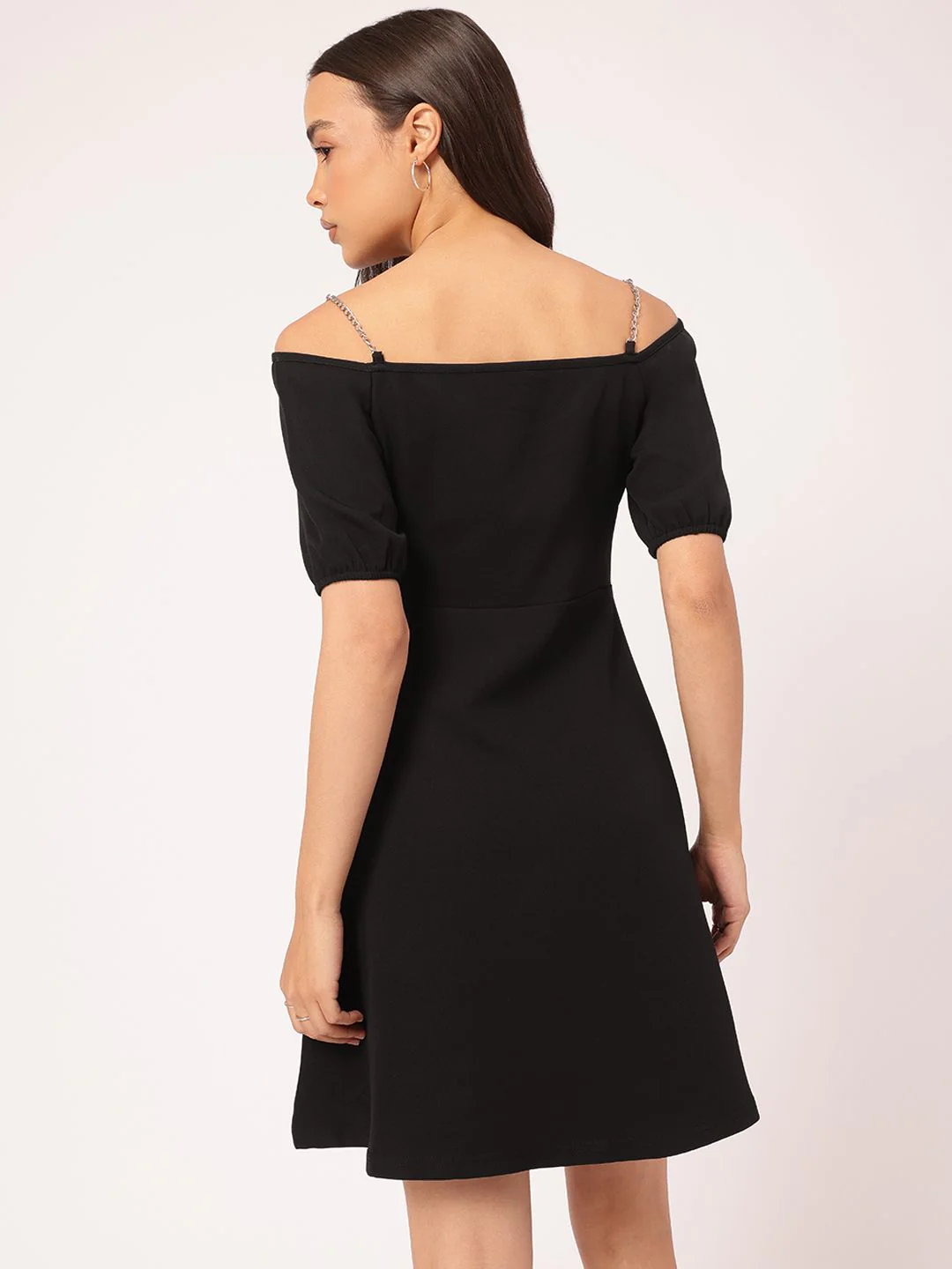 DressBerry Stylish & Savvy Chain Strap Detail Puff Sleeve Cut-Out A-Line Mini Dress - Image 4