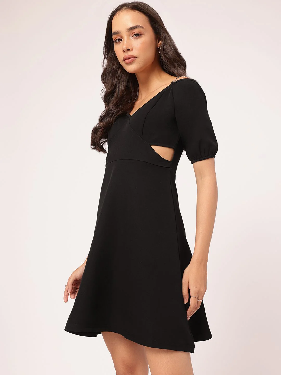 DressBerry Stylish & Savvy Chain Strap Detail Puff Sleeve Cut-Out A-Line Mini Dress - Image 5