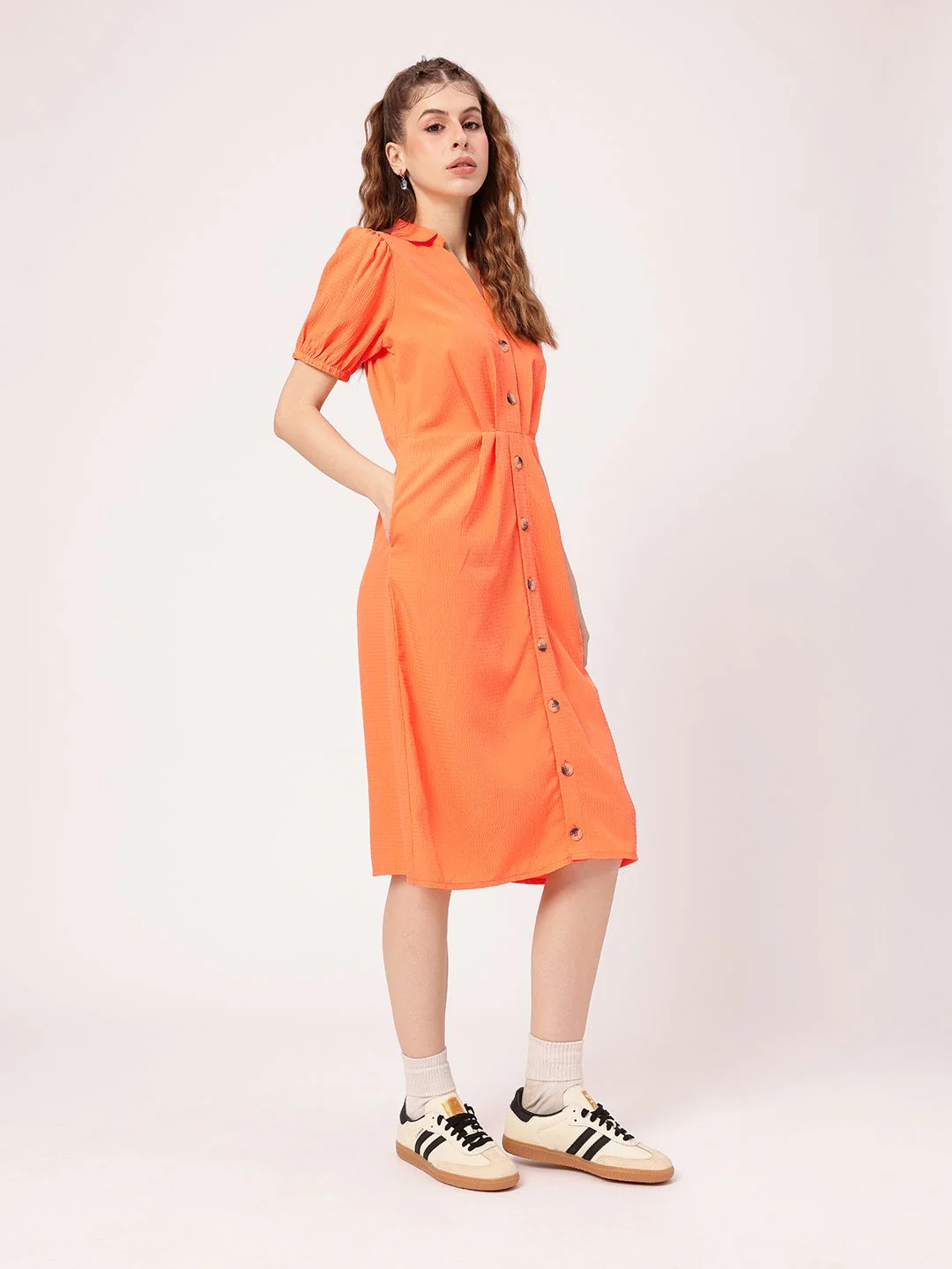 DressBerry Tangerine Pleated Seersucker Shirt Style Dress - Image 4