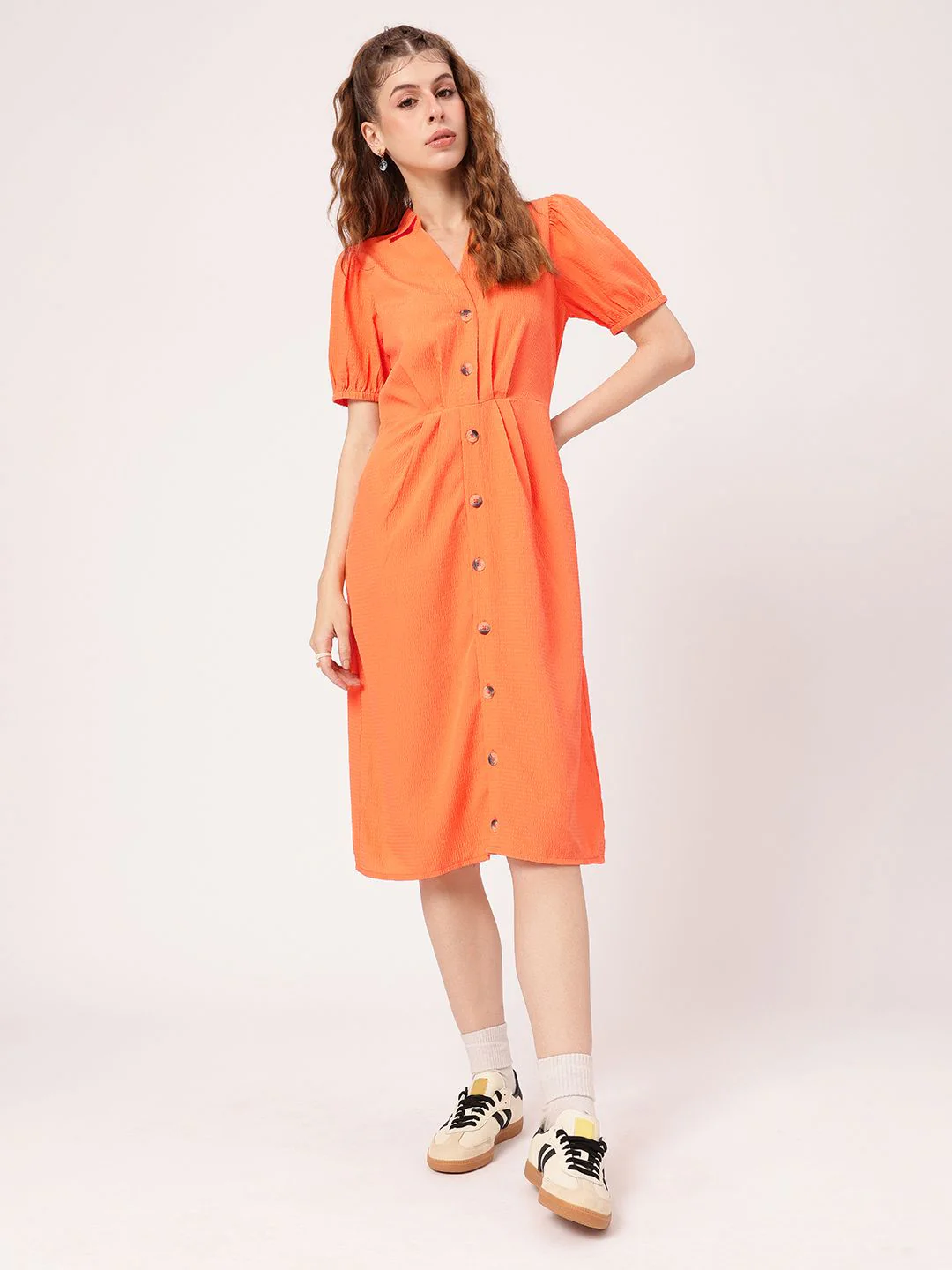 DressBerry Tangerine Pleated Seersucker Shirt Style Dress - Image 5