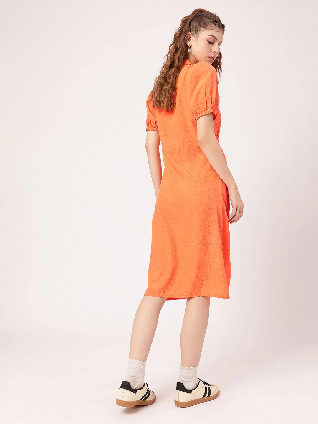 DressBerry Tangerine Pleated Seersucker Shirt Style Dress - Image 6