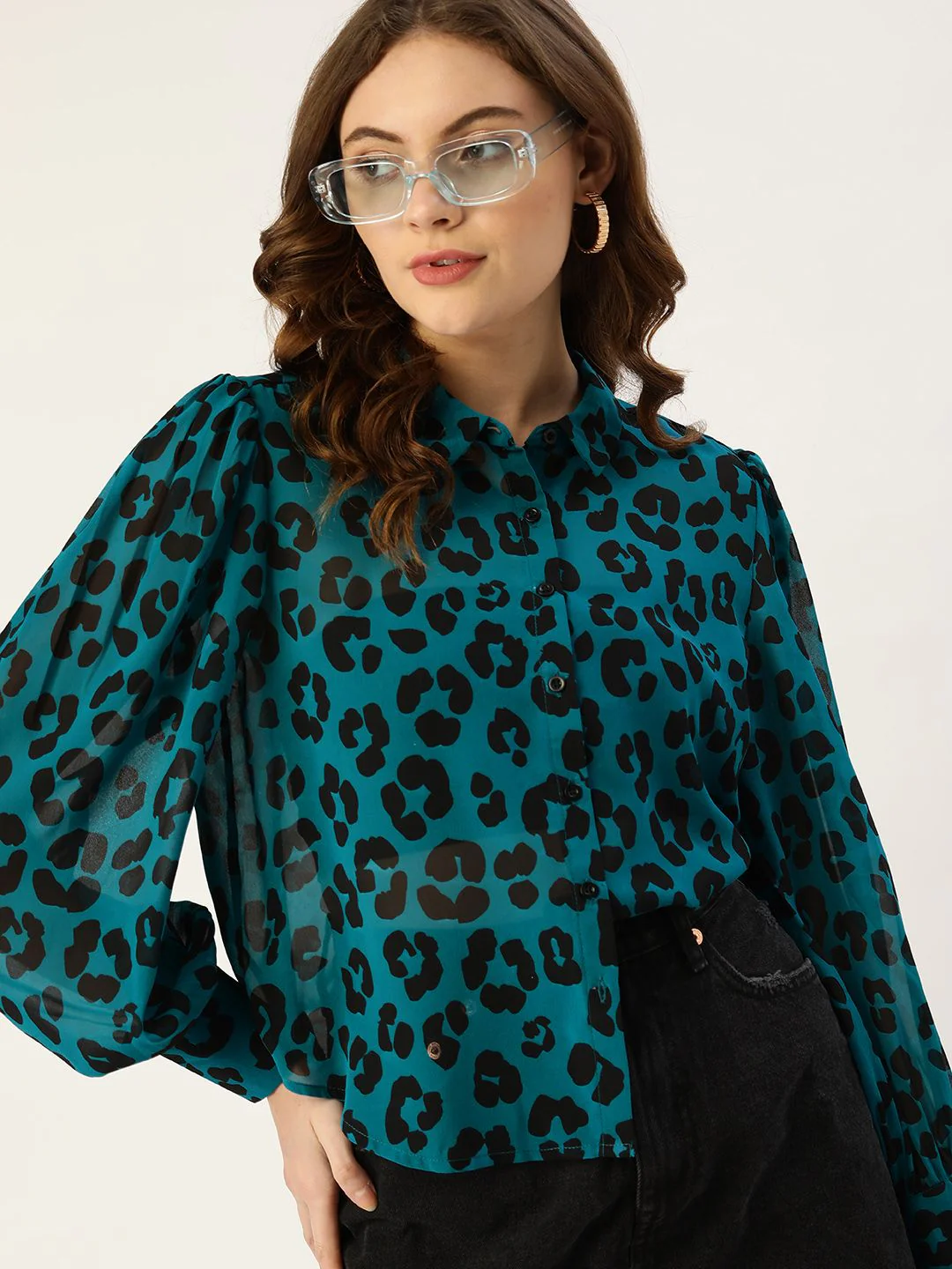DressBerry Teal Blue & Black Animal Print Shirt Style Top