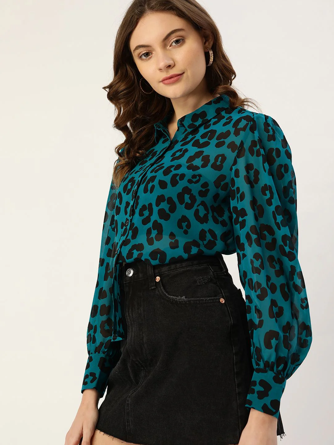 DressBerry Teal Blue & Black Animal Print Shirt Style Top - Image 3