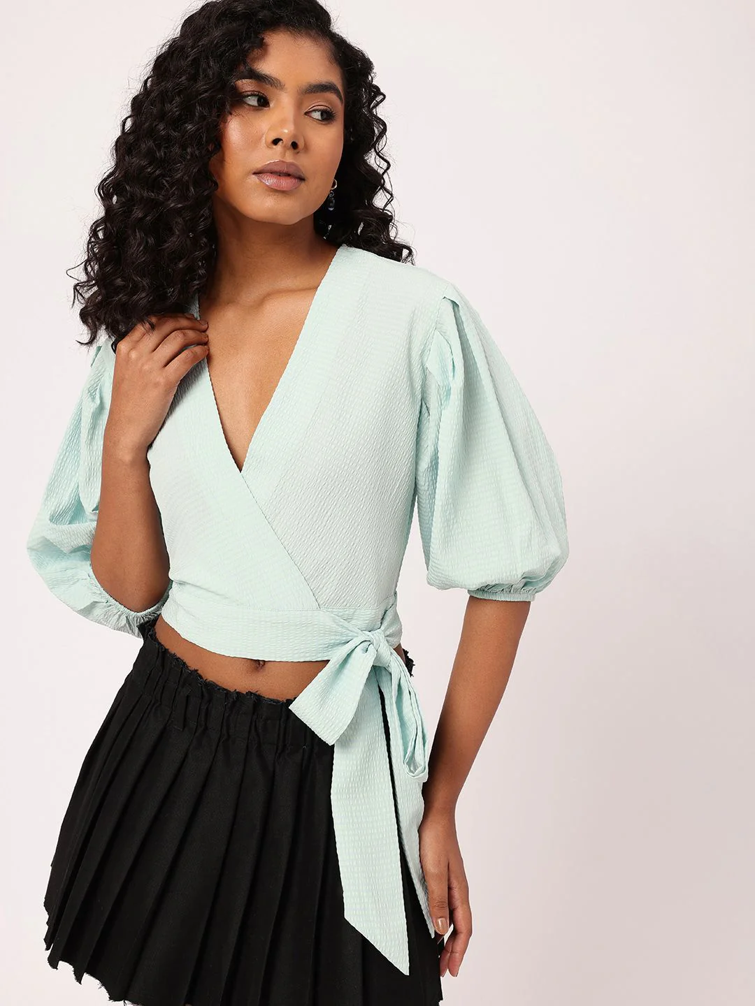 DressBerry Tied Up In Style Femme Seersucker Crop Wrap Style Top - Image 2
