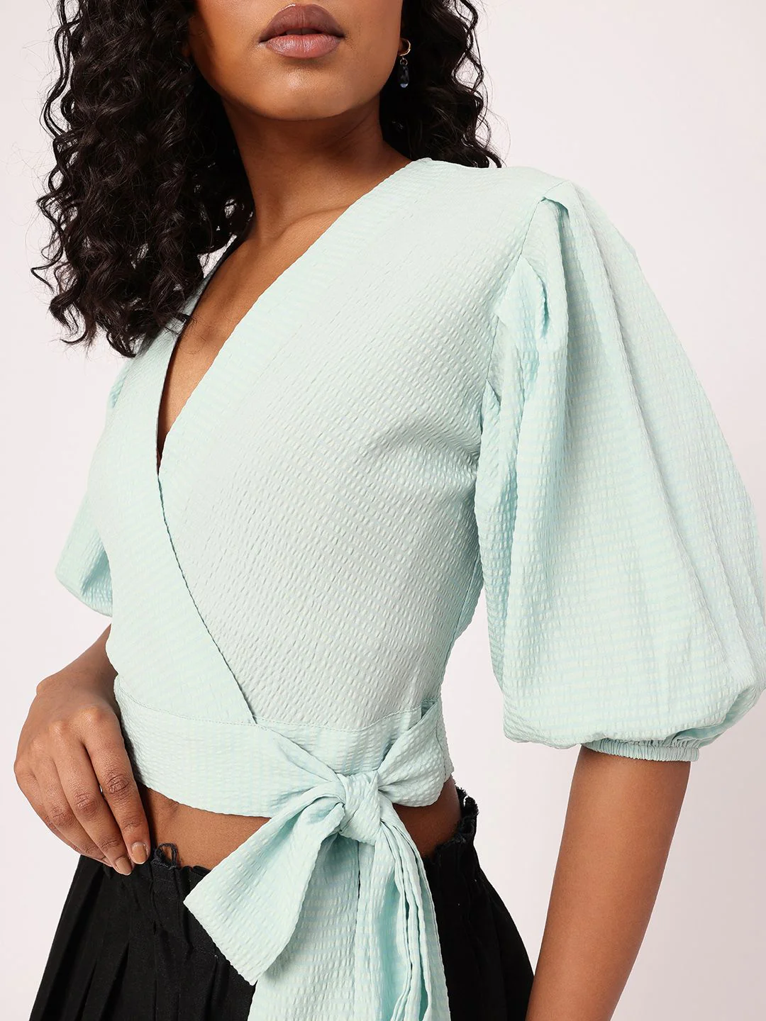 DressBerry Tied Up In Style Femme Seersucker Crop Wrap Style Top - Image 3