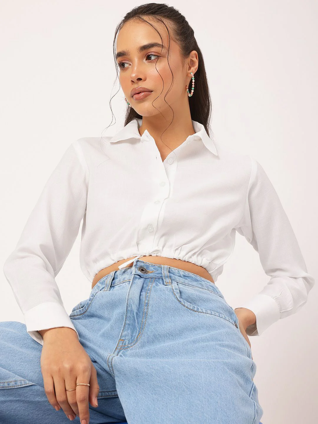 DressBerry Timeless Ties Cinched Waist Crop Shirt Style Top - Image 2