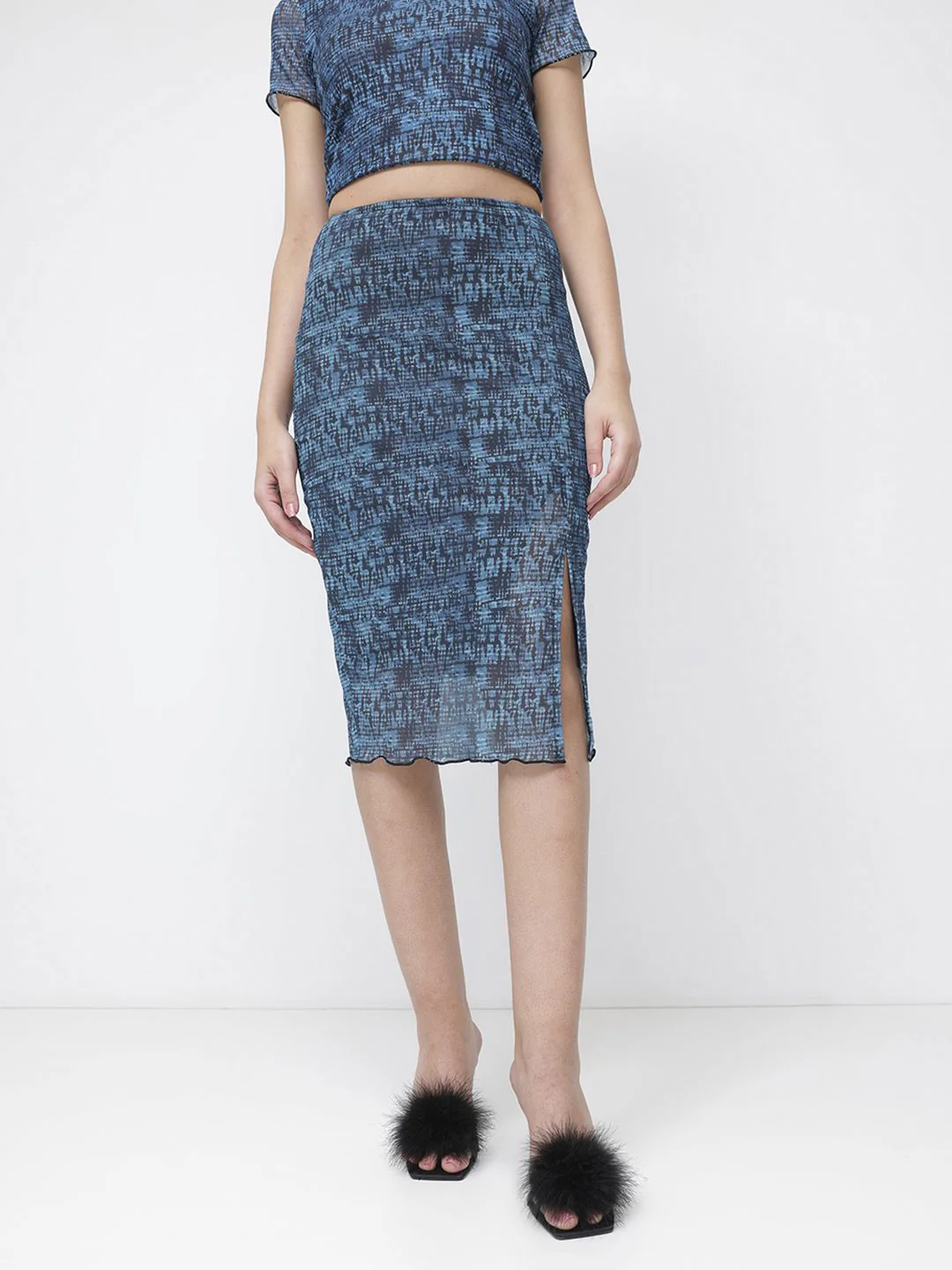DressBerry Trippy Print Mesh Moment Slit Pencil Midi Skirt