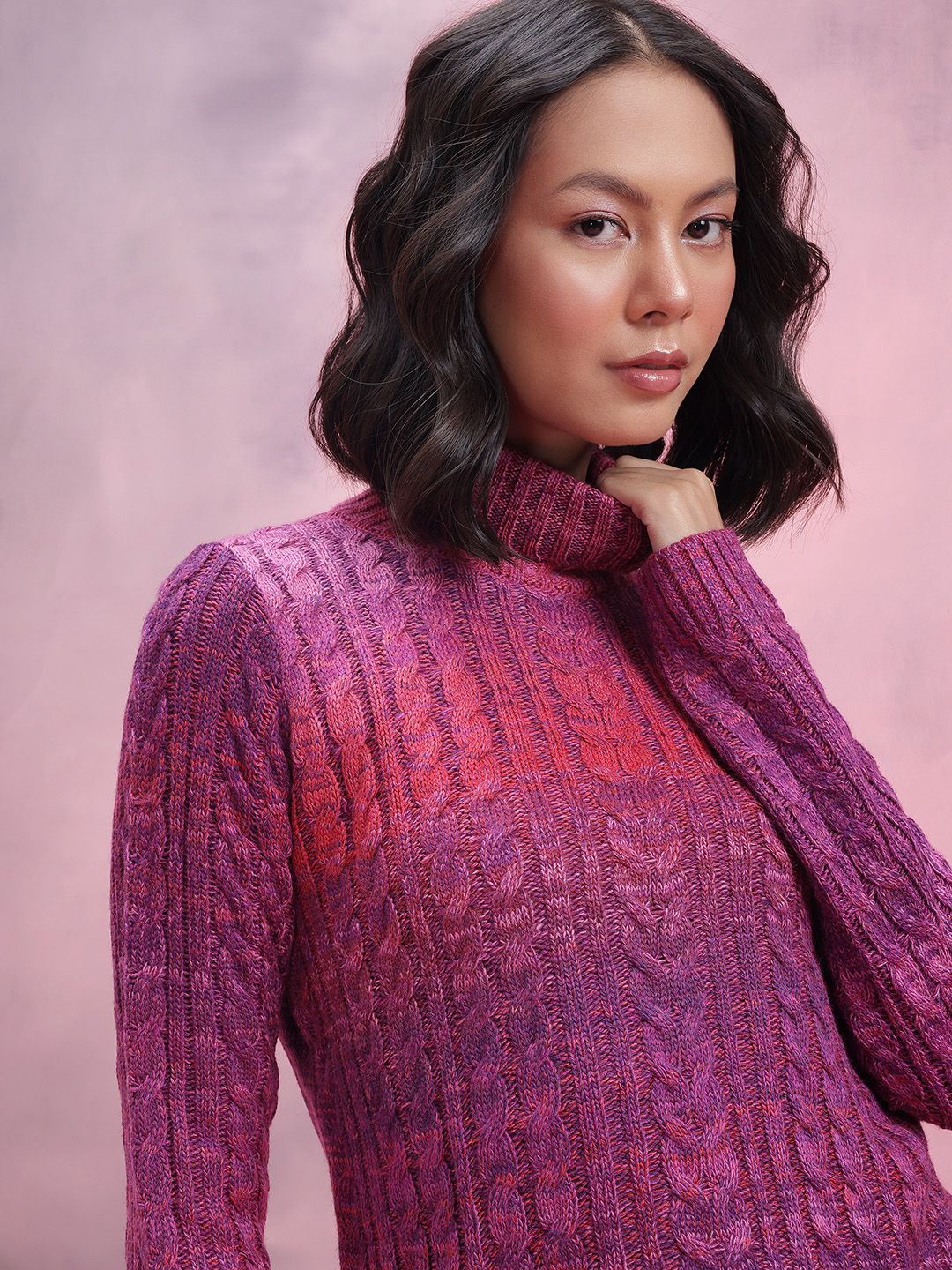 DressBerry Turtle Neck Cable Knit Design Acrylic Pullover - Image 2
