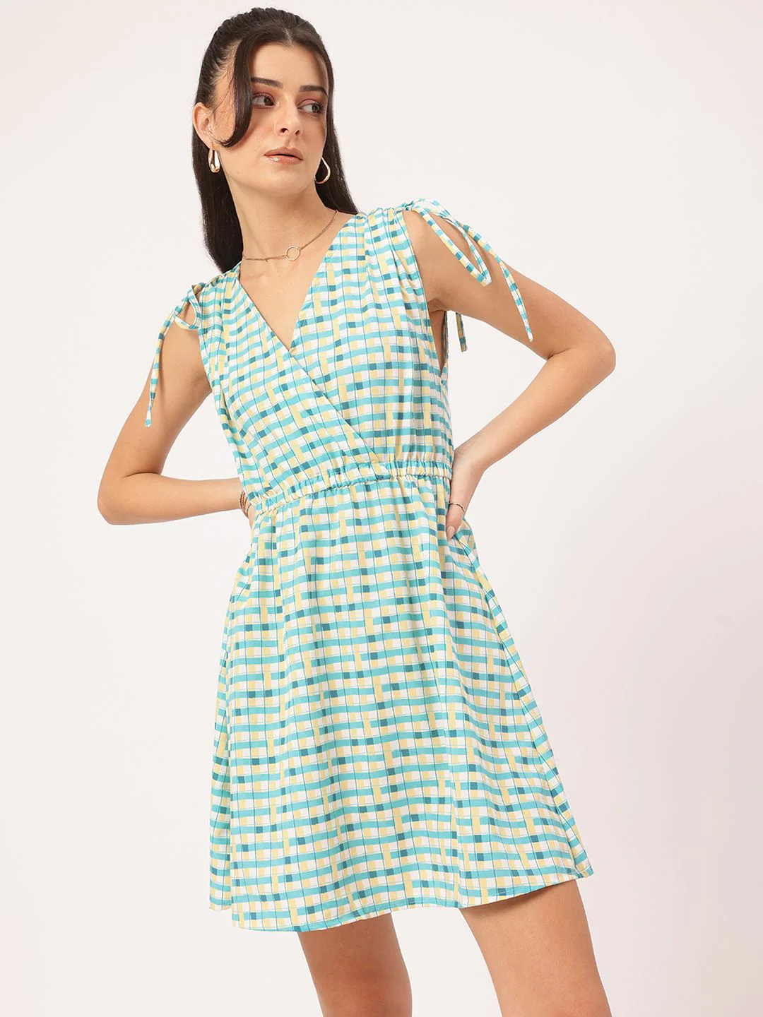 DressBerry Urban Chic Tie-Up Sleeves Checked Wrap Dress - Image 2