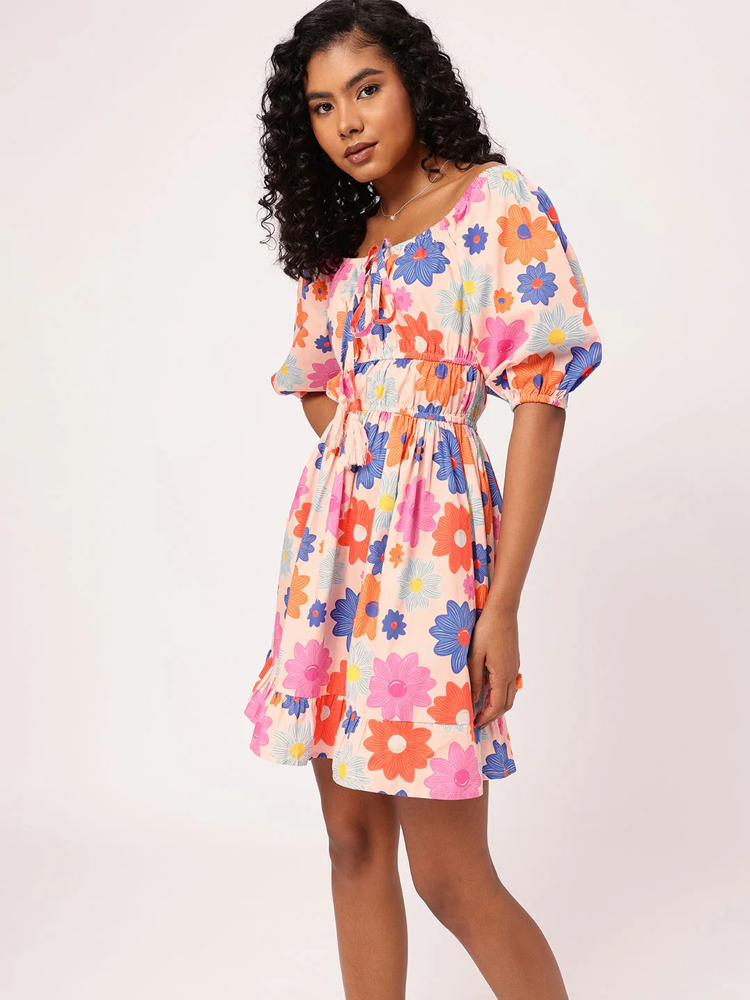 DressBerry Vibrant Play Floral Printed Cinched Waist A-line Mini Dress - Image 2