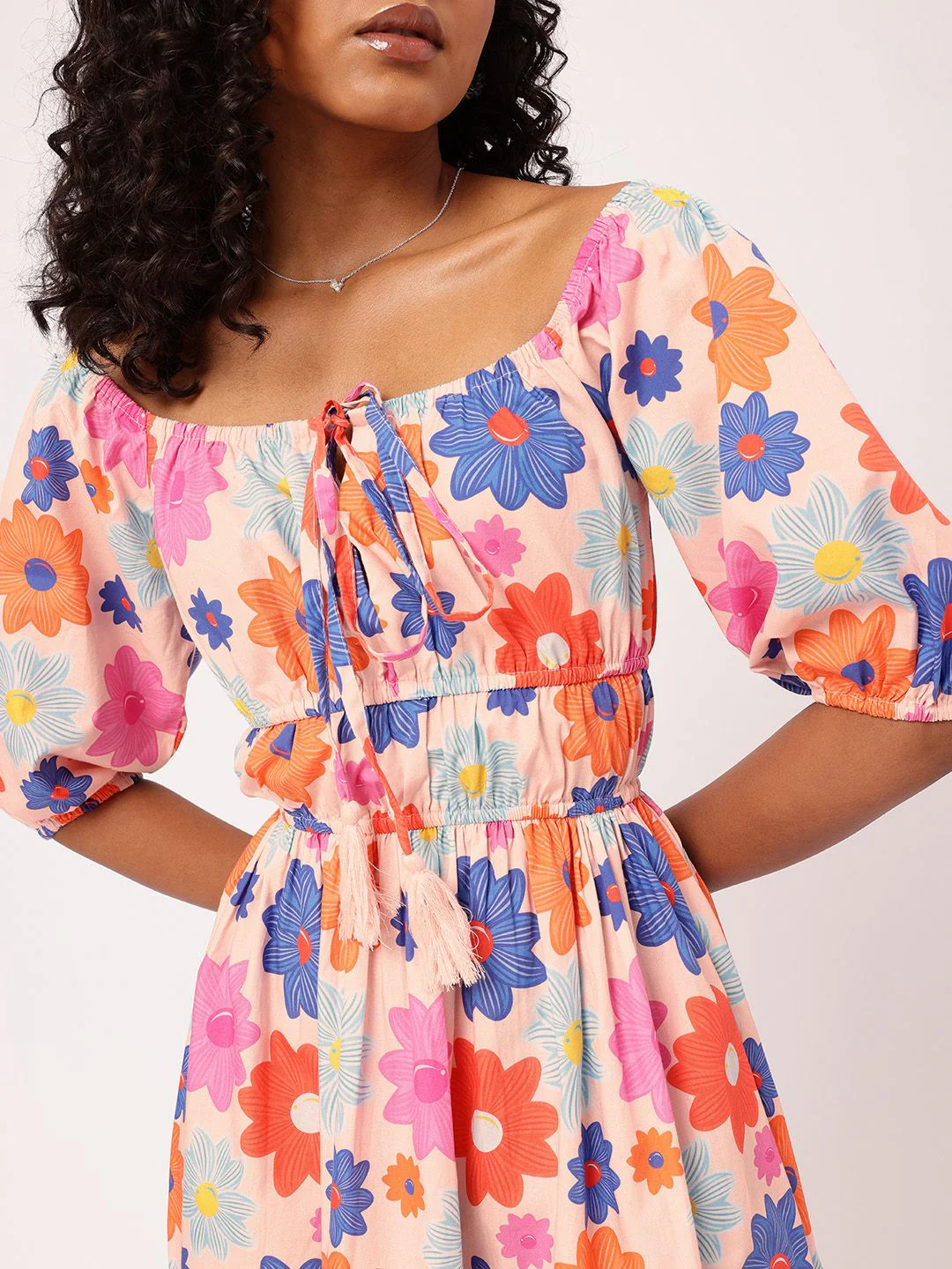 DressBerry Vibrant Play Floral Printed Cinched Waist A-line Mini Dress - Image 3