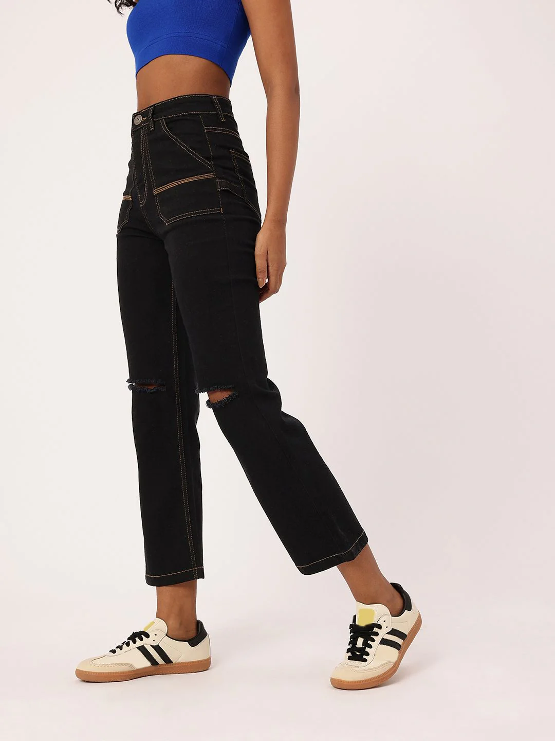 DressBerry Women Bold Grunge Slash Knee High Rise Cropped Jeans - Image 2