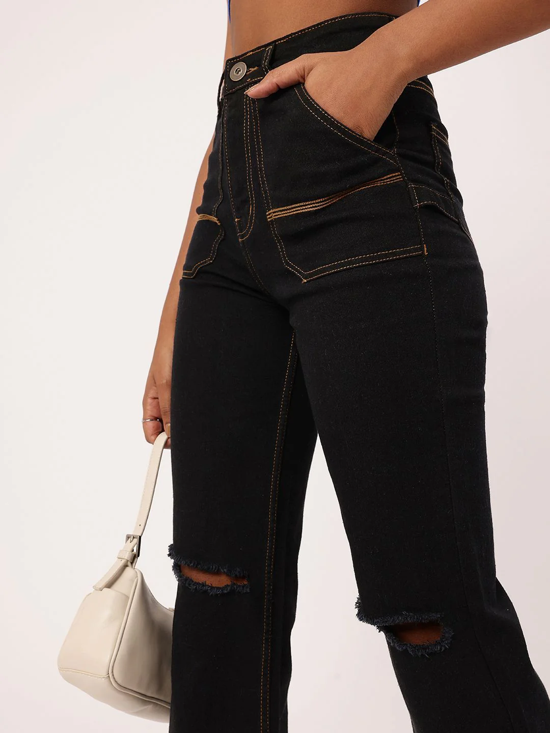 DressBerry Women Bold Grunge Slash Knee High Rise Cropped Jeans - Image 3