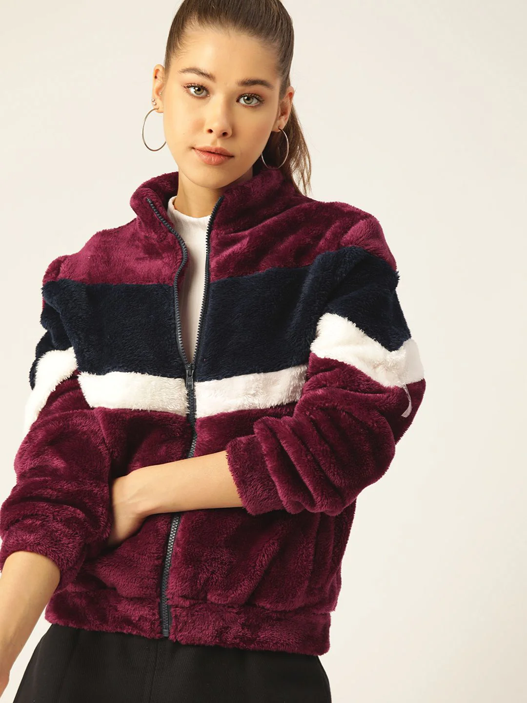 DressBerry Women Burgundy & Navy Blue Faux Fur Colourblocked Sherpa Jacket