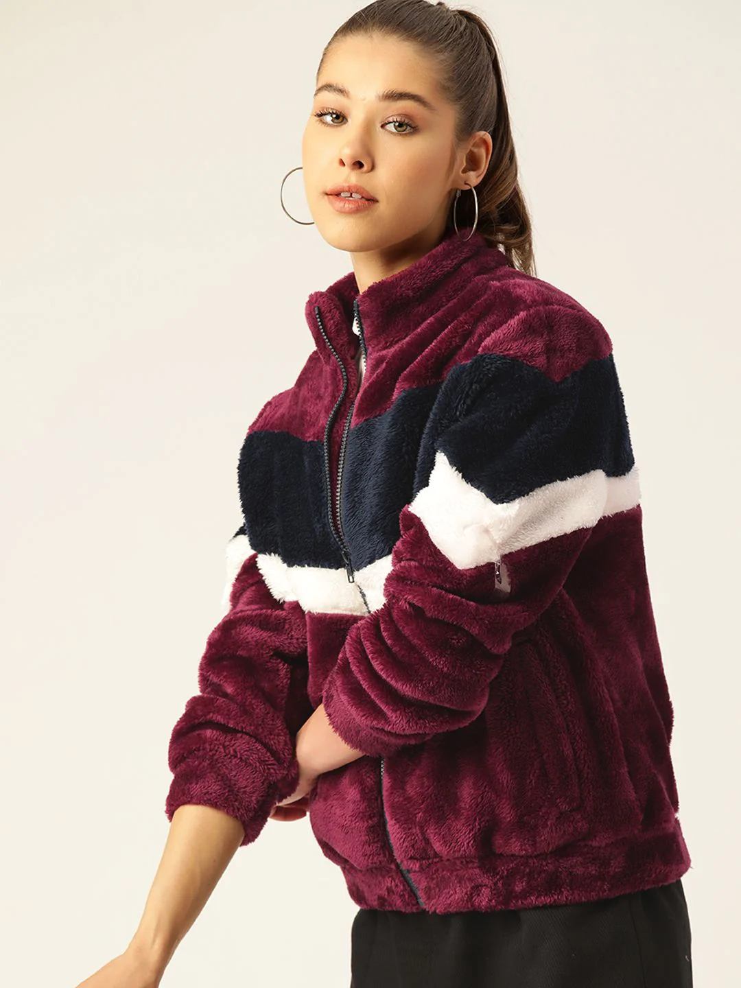 DressBerry Women Burgundy & Navy Blue Faux Fur Colourblocked Sherpa Jacket - Image 3