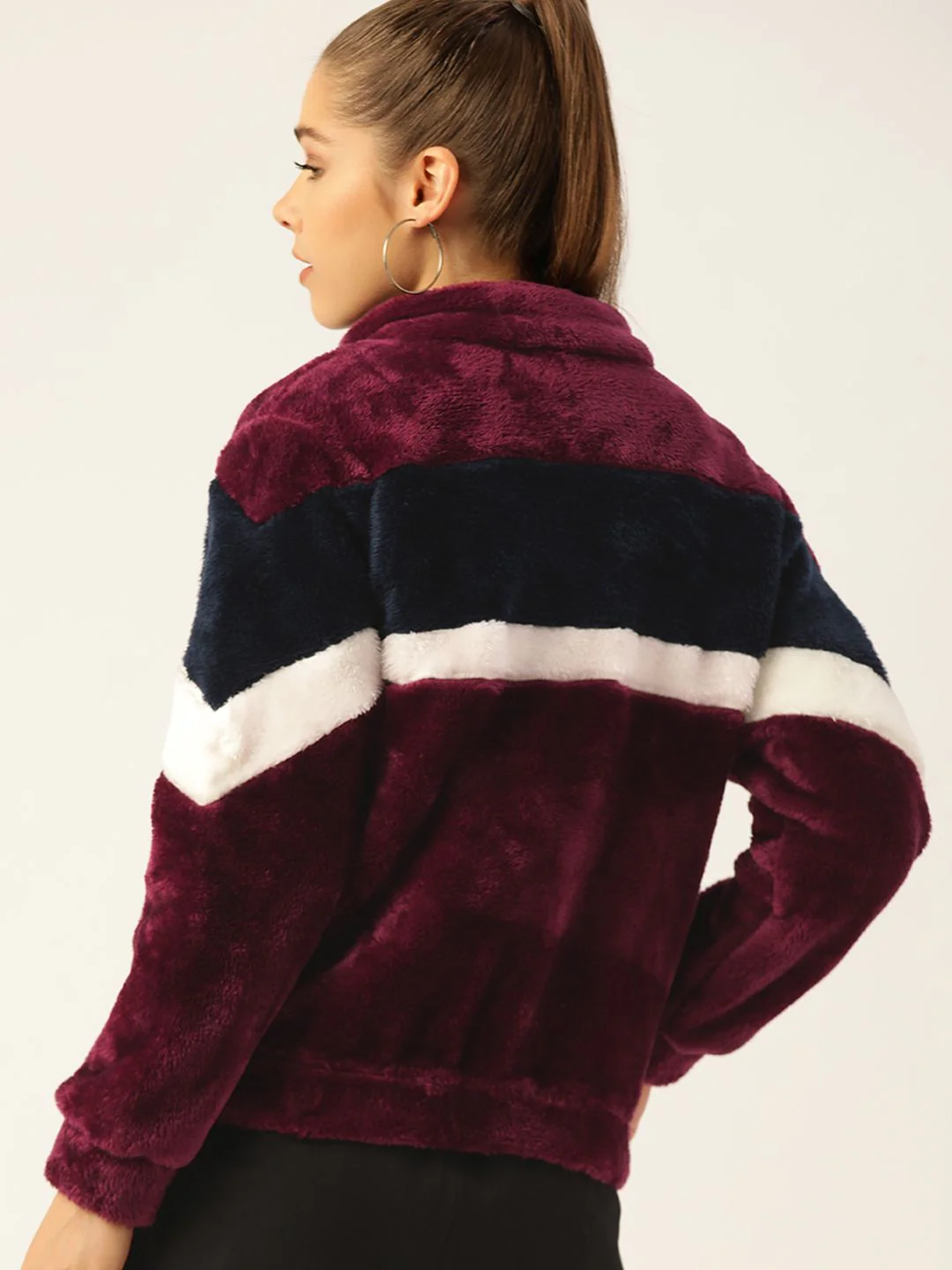 DressBerry Women Burgundy & Navy Blue Faux Fur Colourblocked Sherpa Jacket - Image 5