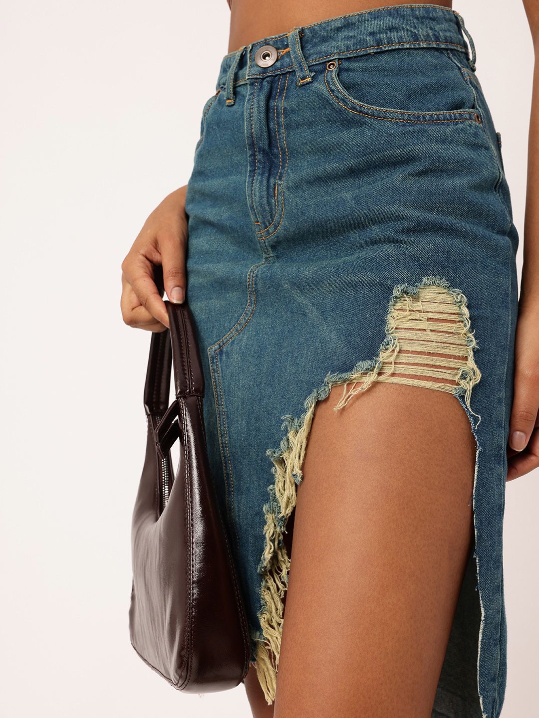 DressBerry Women City Edge High Rise Ripped Denim Faded Asymmetric A-Line Skirt - Image 3