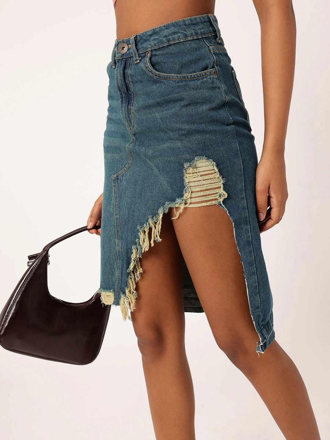 DressBerry Women City Edge High Rise Ripped Denim Faded Asymmetric A-Line Skirt - Image 5