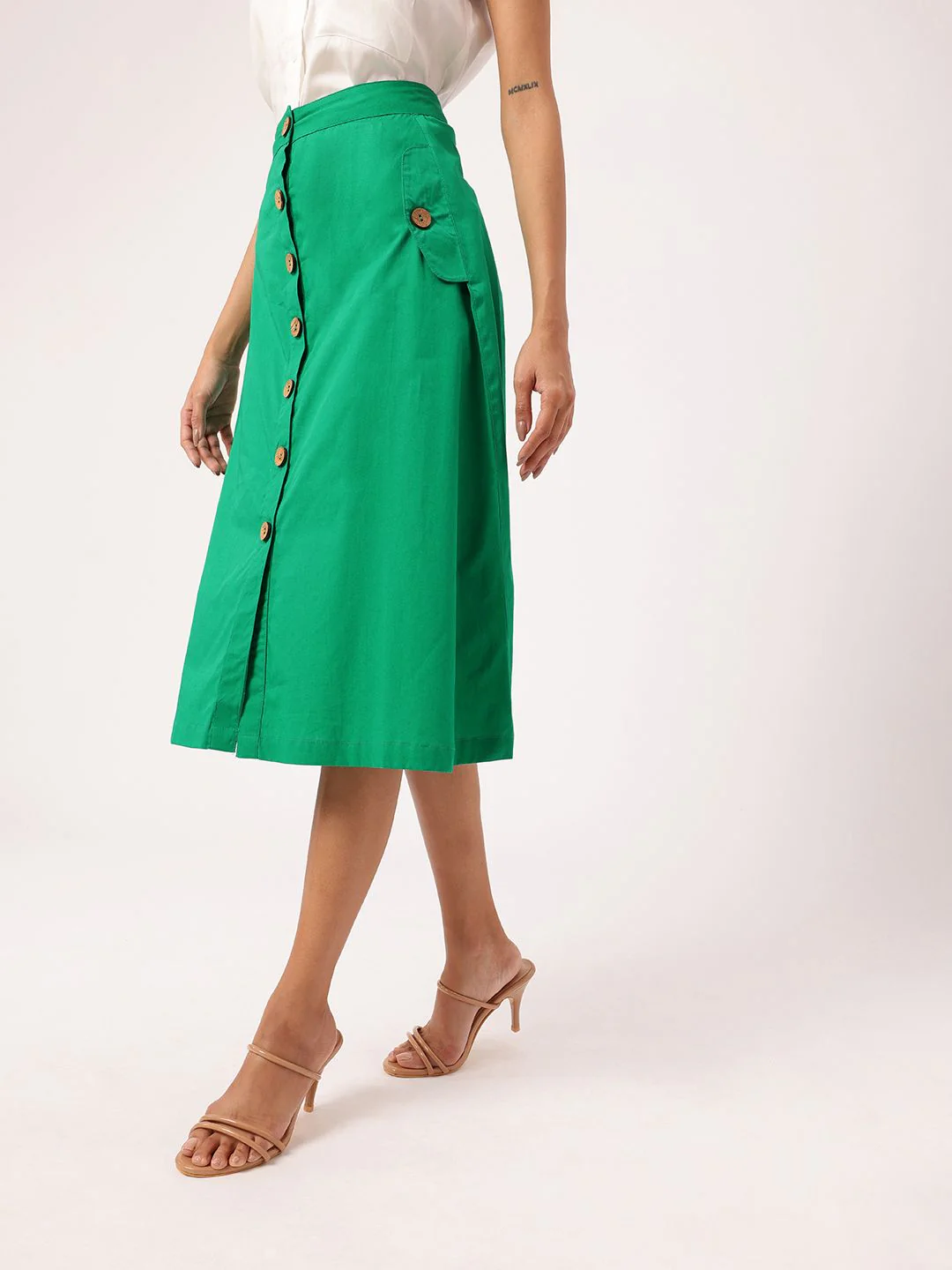 DressBerry Women Feminine Graceful Fresh Mock Button Pocket A-Line Skirt - Image 3