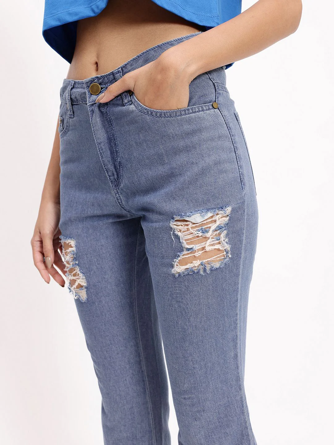 DressBerry Women Fresh And Modern Distressed Pure Cotton Flared Jeans - Image 3