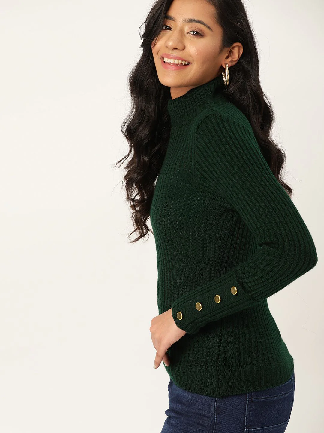DressBerry Women Green Ribbed Pullover - Image 3