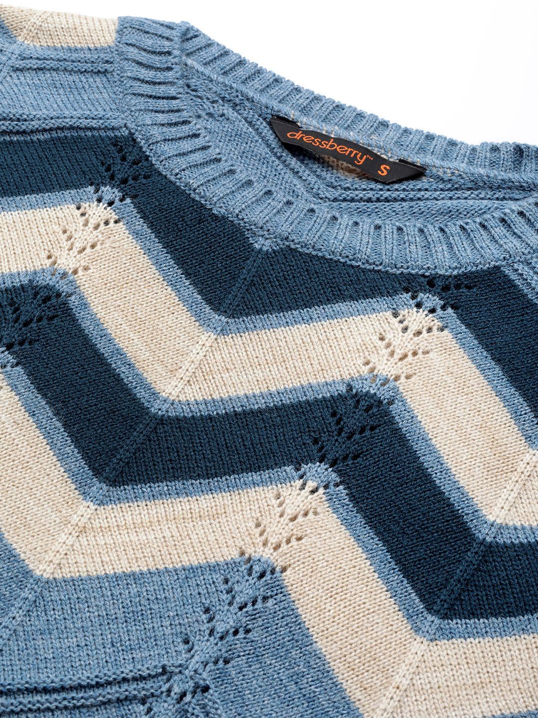 DressBerry Women Navy Blue & Beige Chevron Pullover Sweater - Image 2