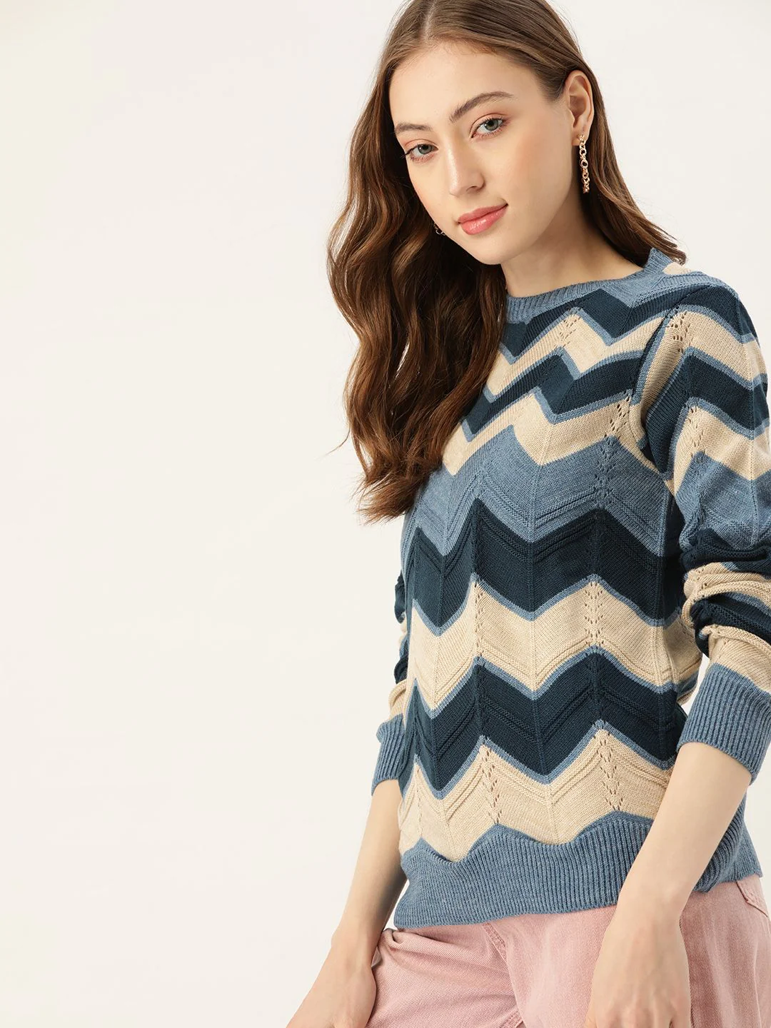 DressBerry Women Navy Blue & Beige Chevron Pullover Sweater - Image 3
