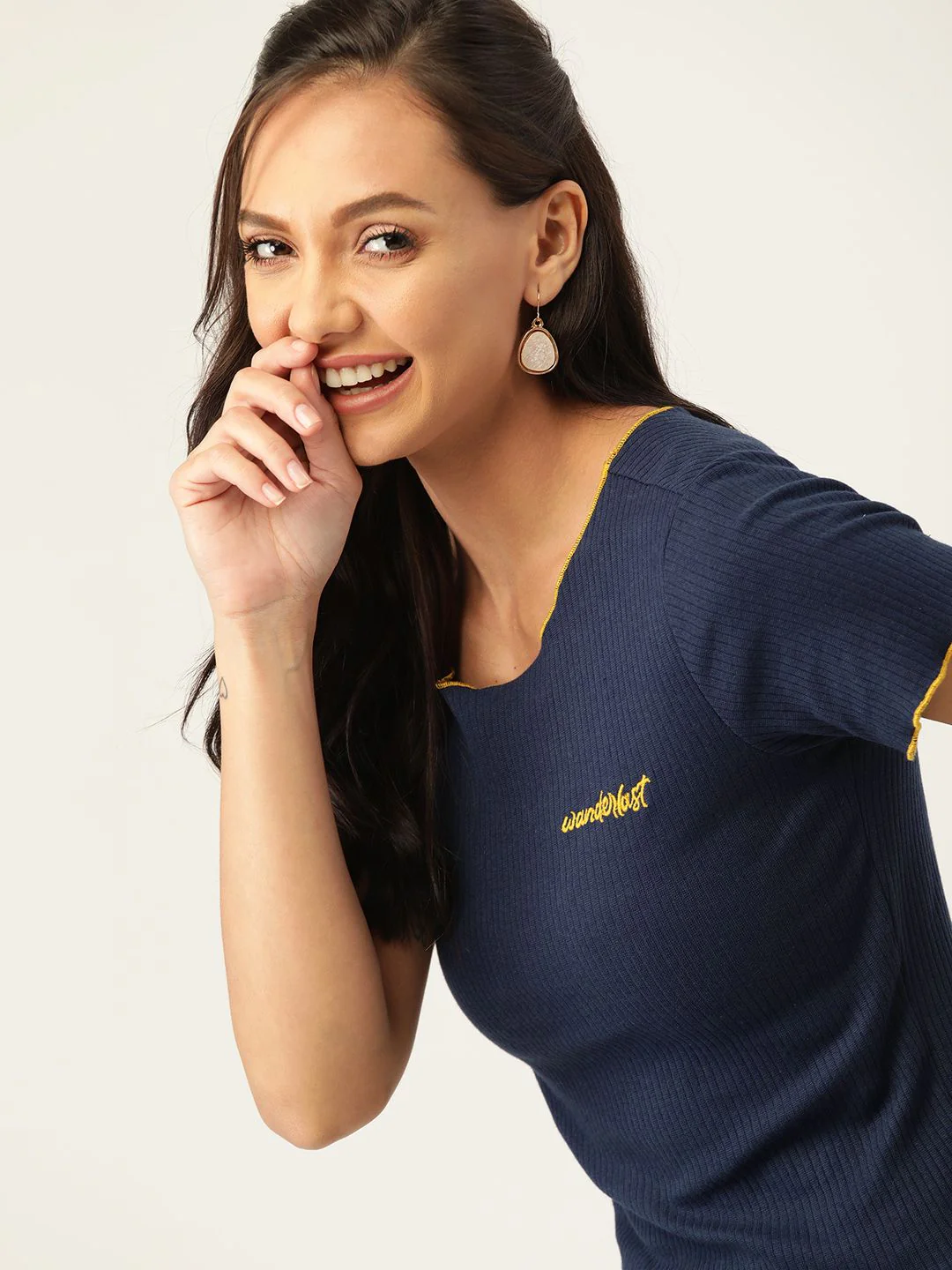 DressBerry Women Navy Blue Solid Ribbed Regular Top - Image 3