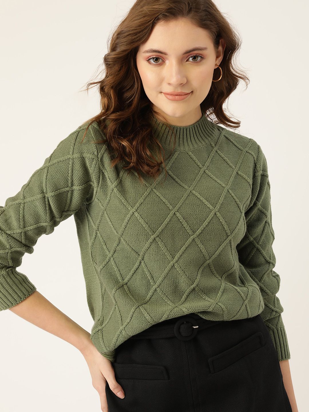 DressBerry Women Olive Green Geometric Design Pullover - Image 3
