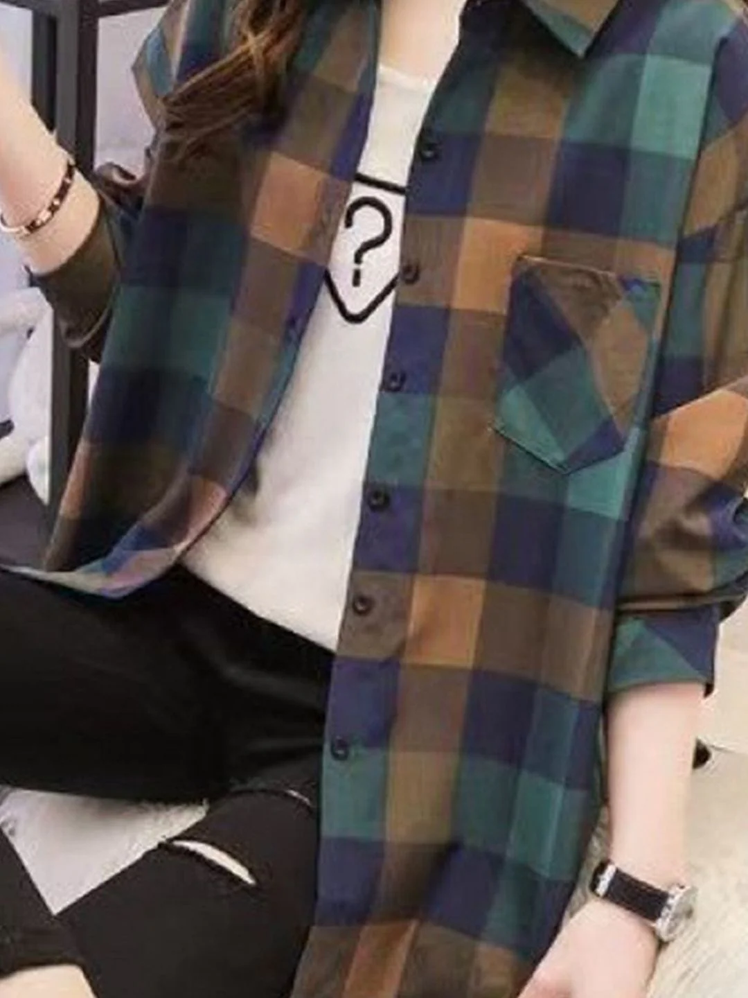 DressBerry Women Oversized Fit Buffalo Checked Spread Collar Casual Shirt - Image 2