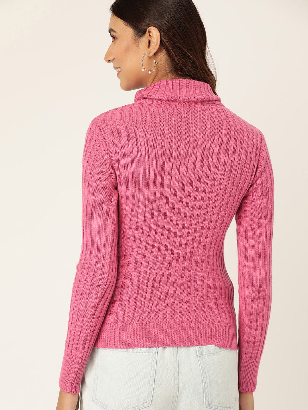 DressBerry Women Pink Self-Striped Pullover Sweater - Image 4