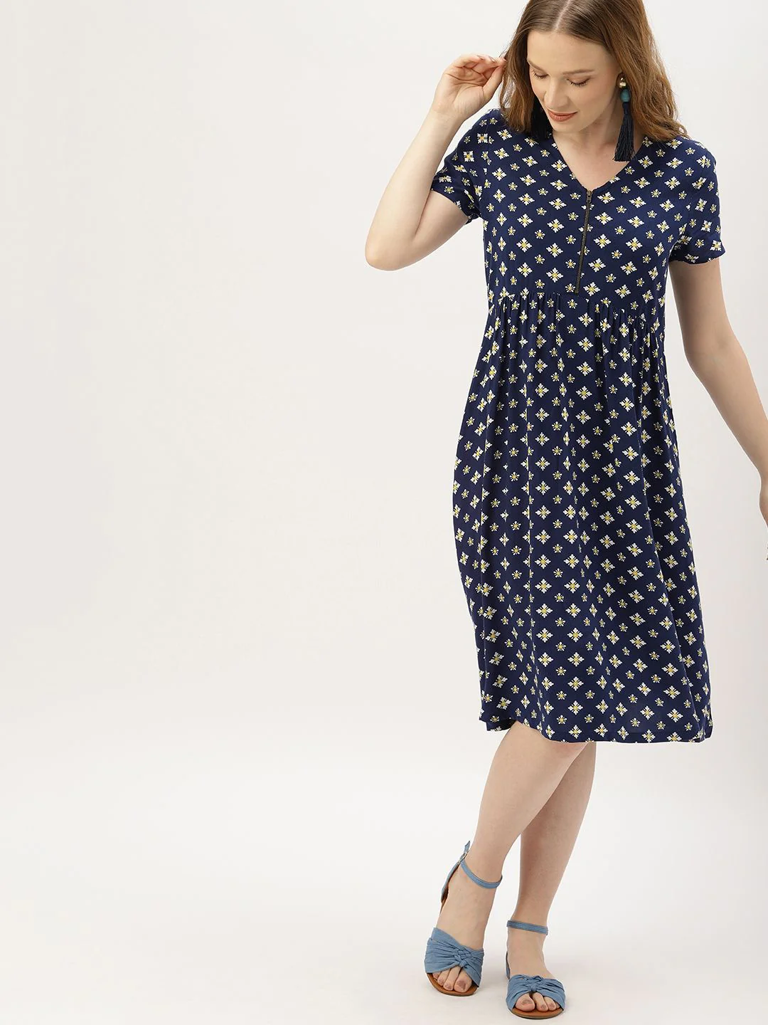 DressBerry Women Printed Navy Blue & White A-Line Dress - Image 5