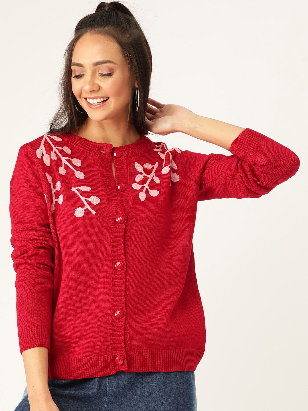 DressBerry Women Red & Pink Floral Embroidered Solid Cardigan - Image 3