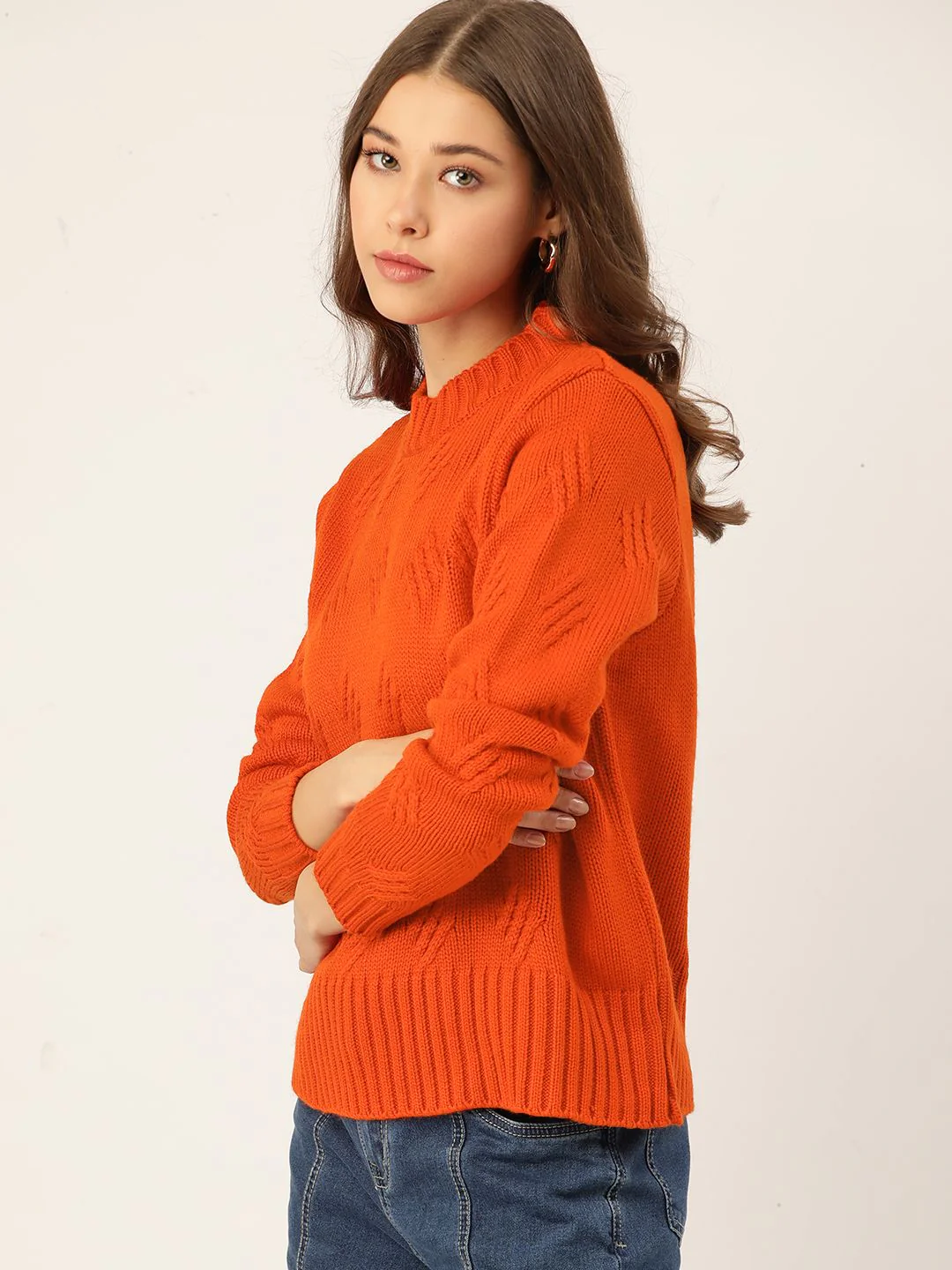 DressBerry Women Rust Orange Acrylic Cable Knit Pullover - Image 3