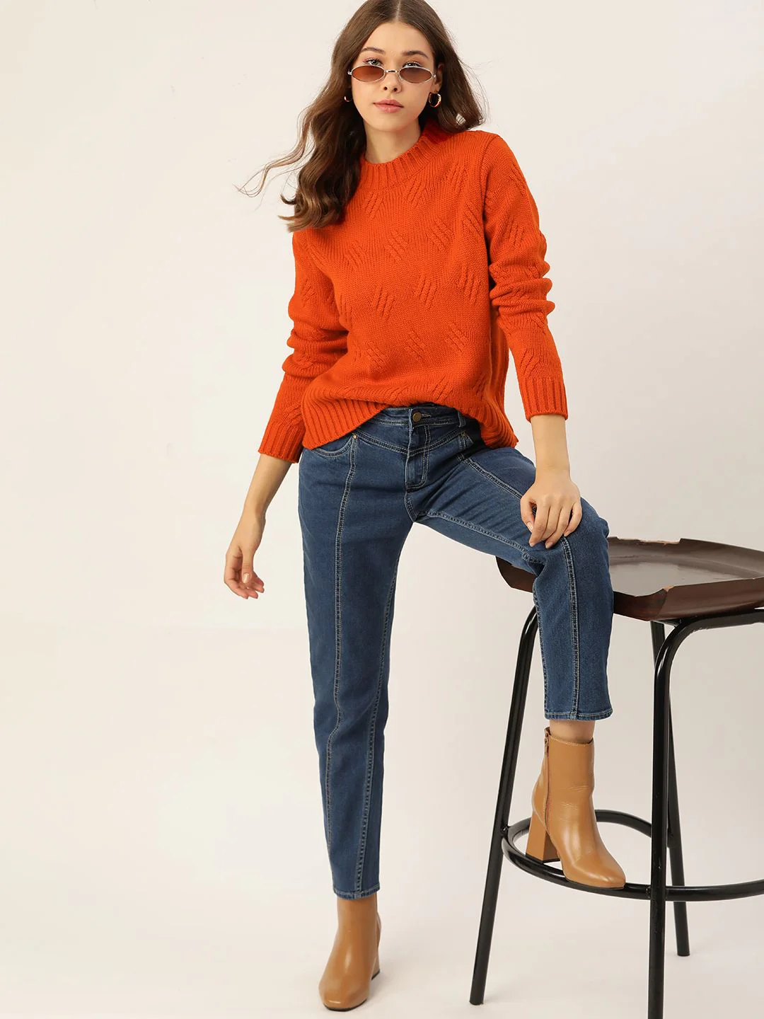 DressBerry Women Rust Orange Acrylic Cable Knit Pullover - Image 4