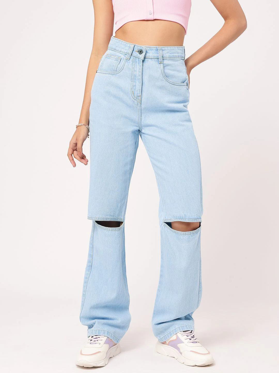 DressBerry Women Slash-Knee Edge Straight Fit Pure Cotton Jeans - Image 2