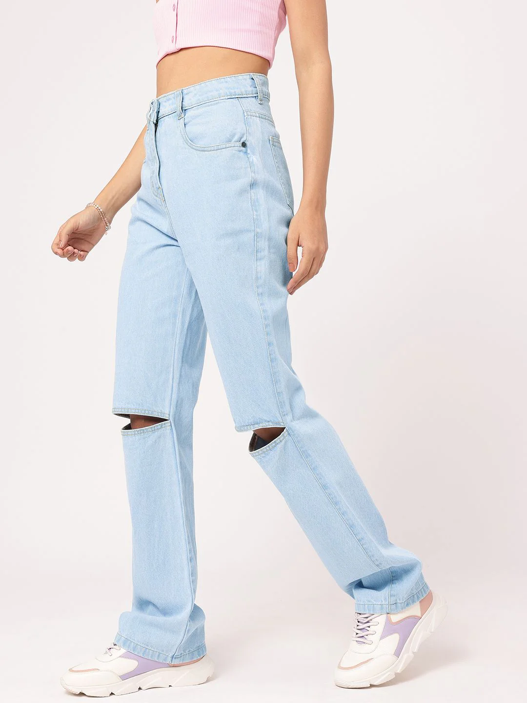 DressBerry Women Slash-Knee Edge Straight Fit Pure Cotton Jeans - Image 3