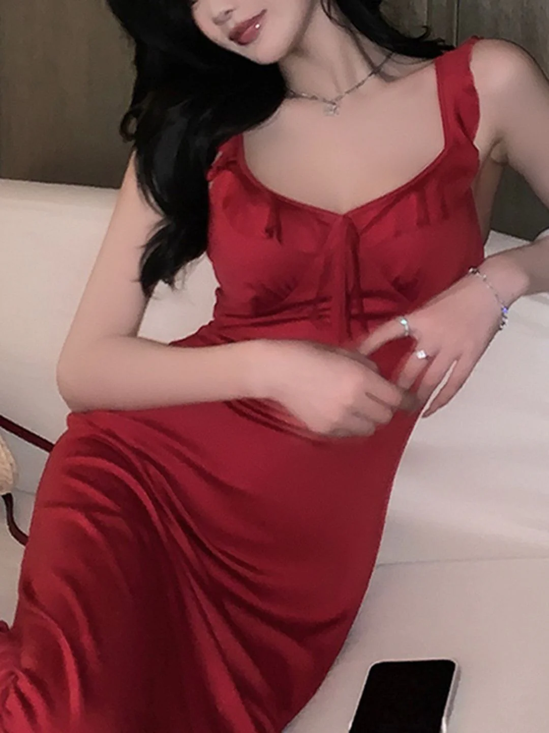 DressBerry Women Solid Red Shoulder Straps Neck Sheath Dress - Image 2