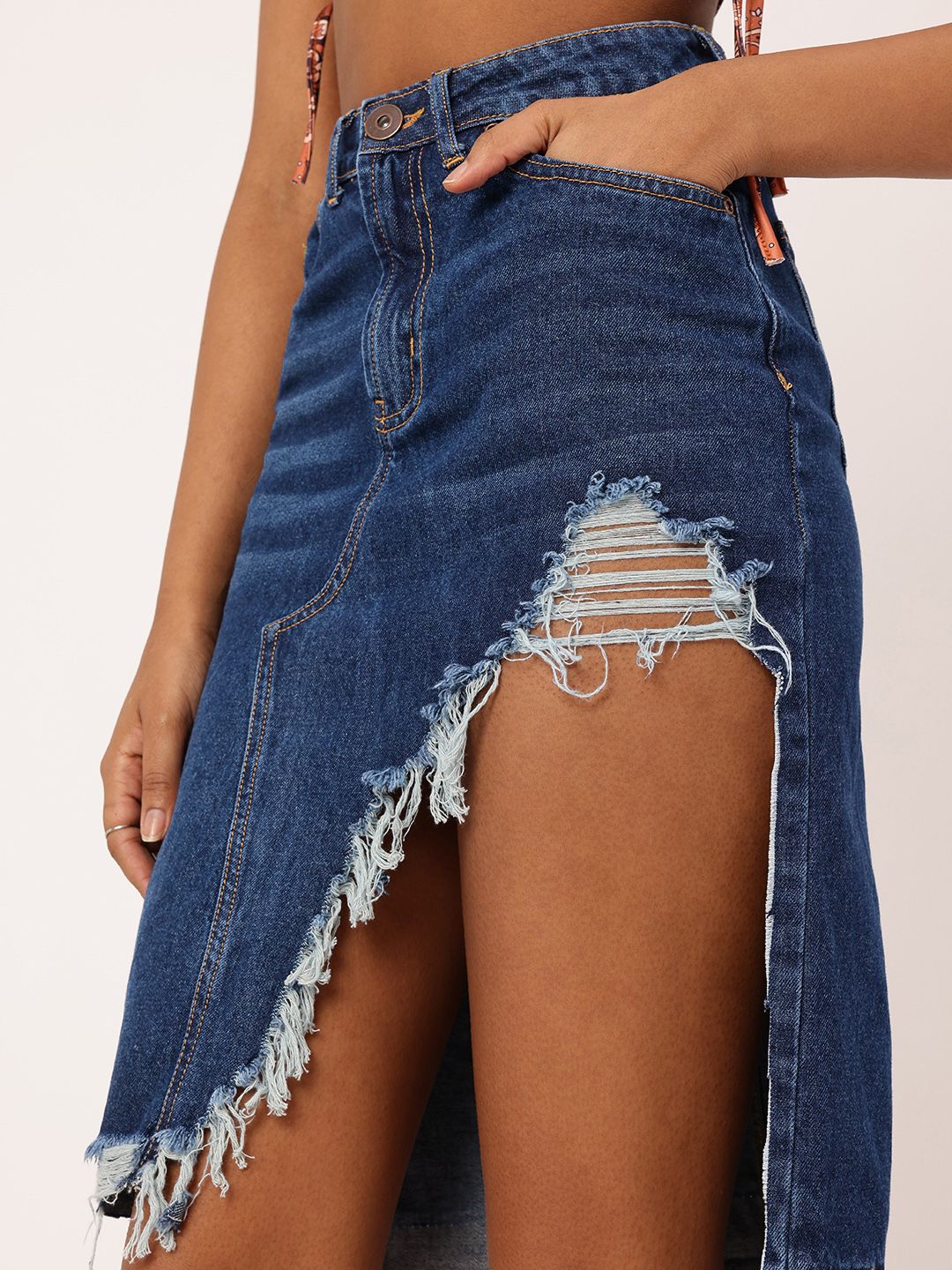 DressBerry Women Street Edge High Rise Ripped Denim Faded Asymmetric A-Line Skirt - Image 3