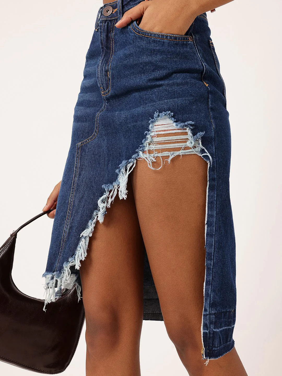 DressBerry Women Street Edge High Rise Ripped Denim Faded Asymmetric A-Line Skirt - Image 5