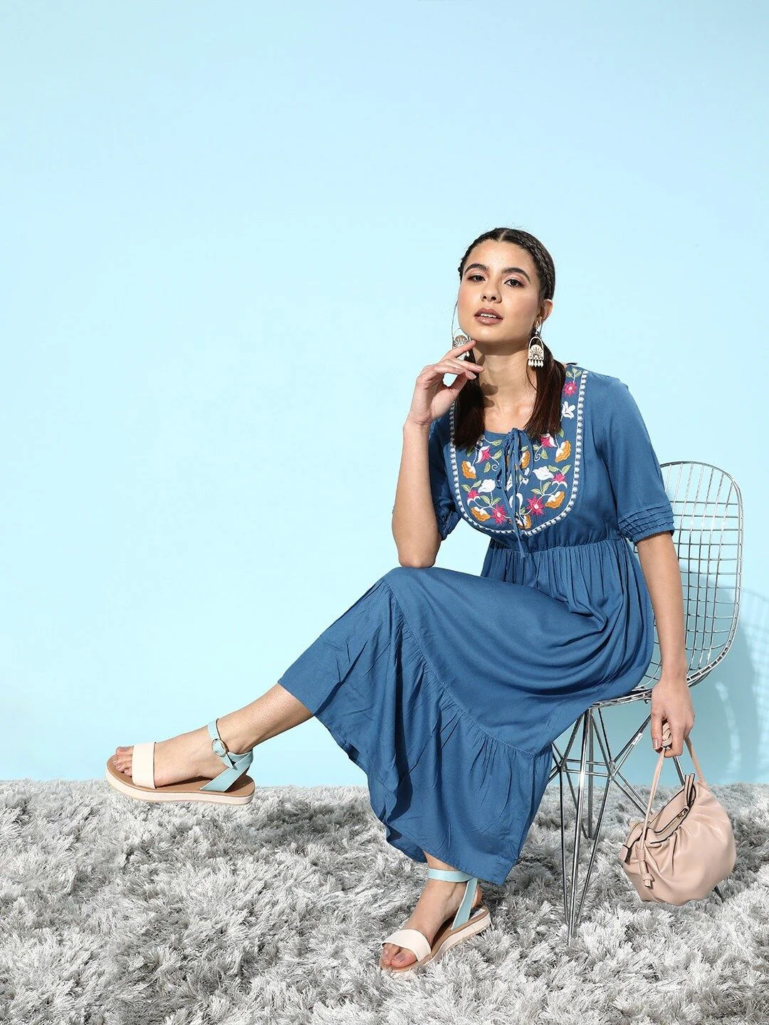 DressBerry Women Stunning Blue Floral Tiered Dress - Image 3