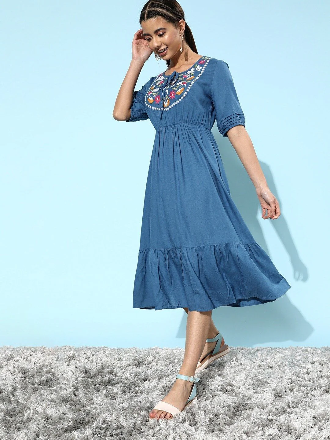 DressBerry Women Stunning Blue Floral Tiered Dress - Image 5