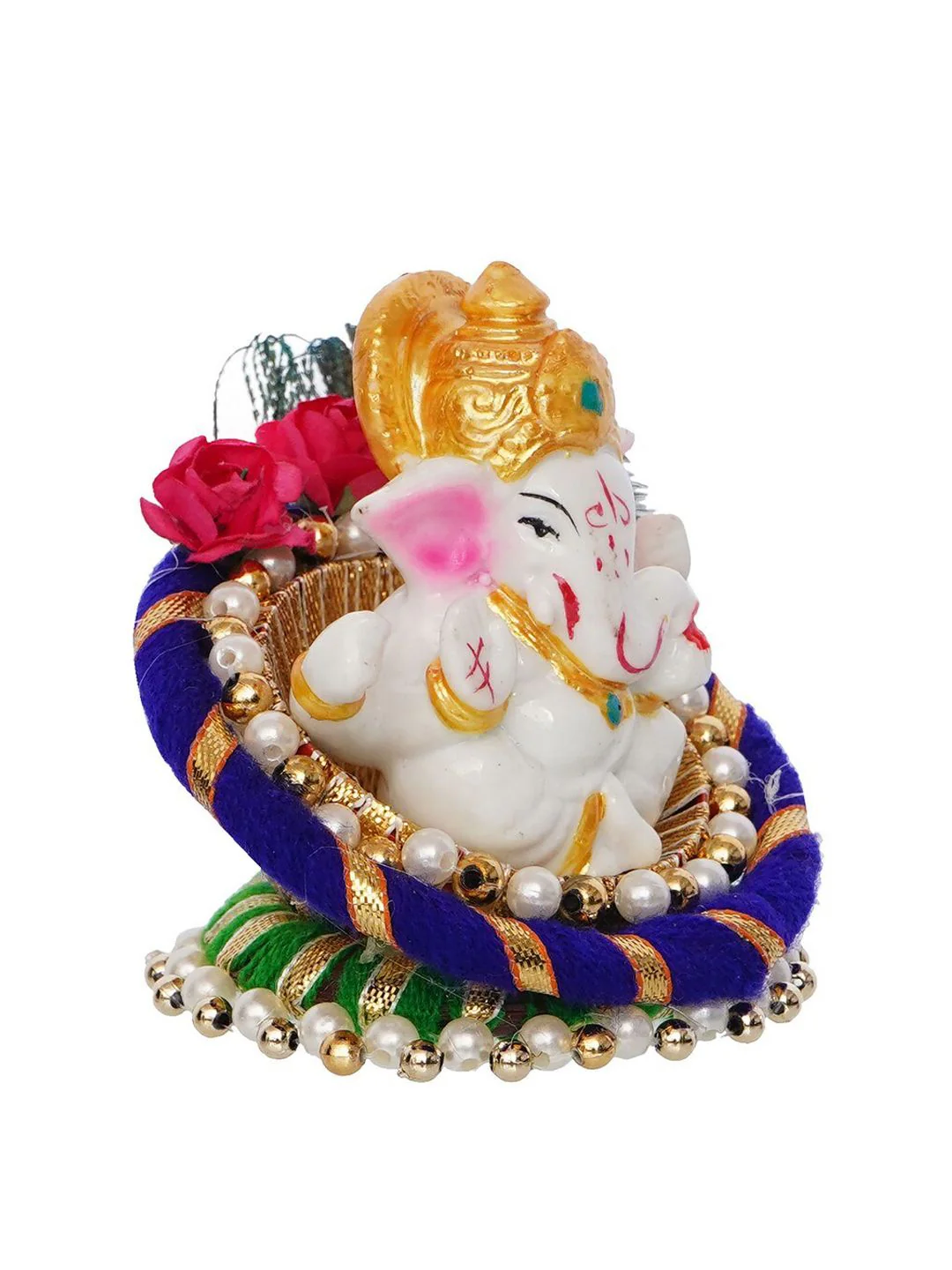 eCraftIndia Blue & White Handcrafted Lord Ganesha Idol on Floral Plate with Peacock Feather Decorative Showpiece - Image 5