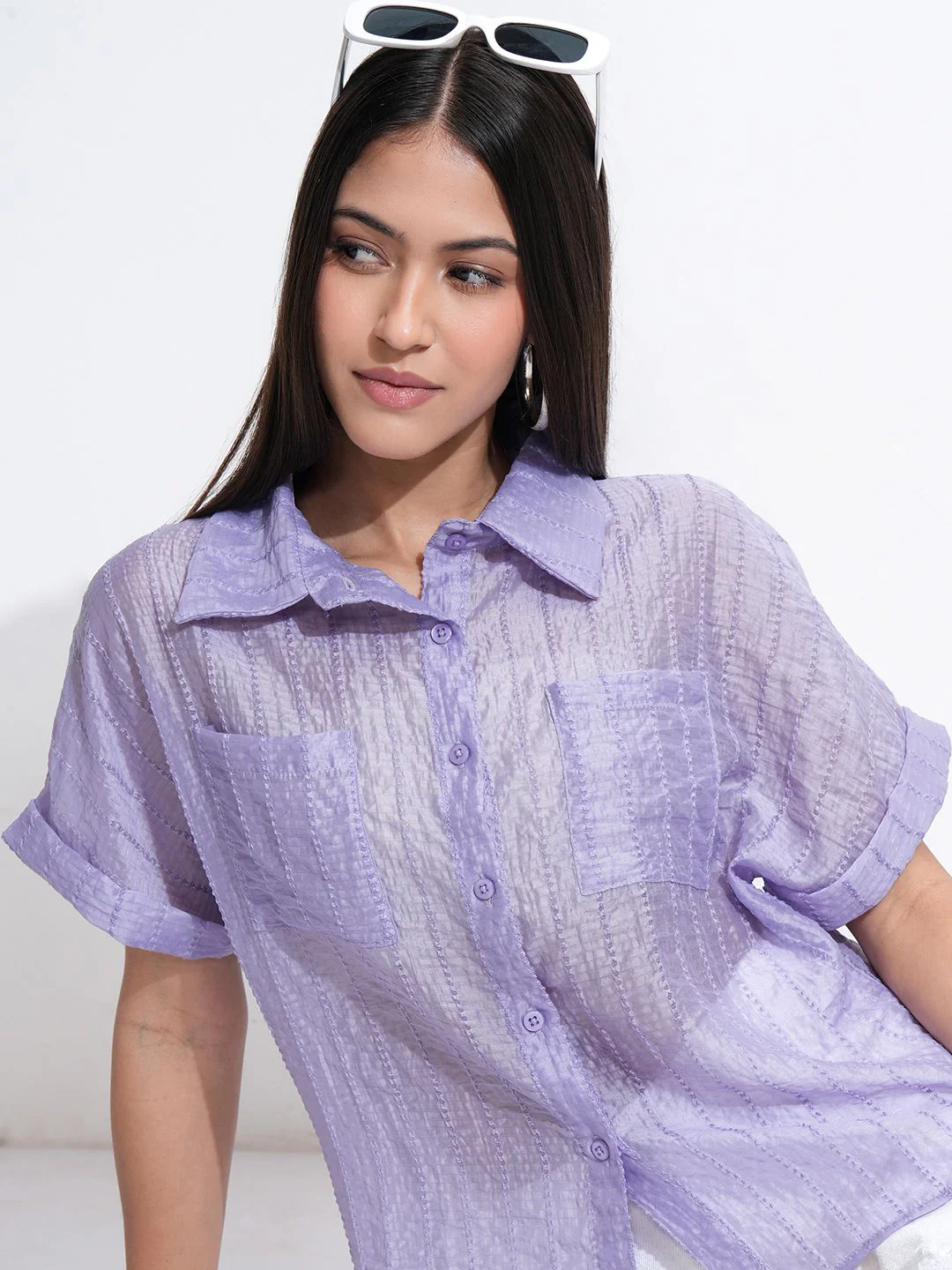 ESPYR By Tokyo Talkies Women Violet Solid Relaxed Fit Shirt - Image 2