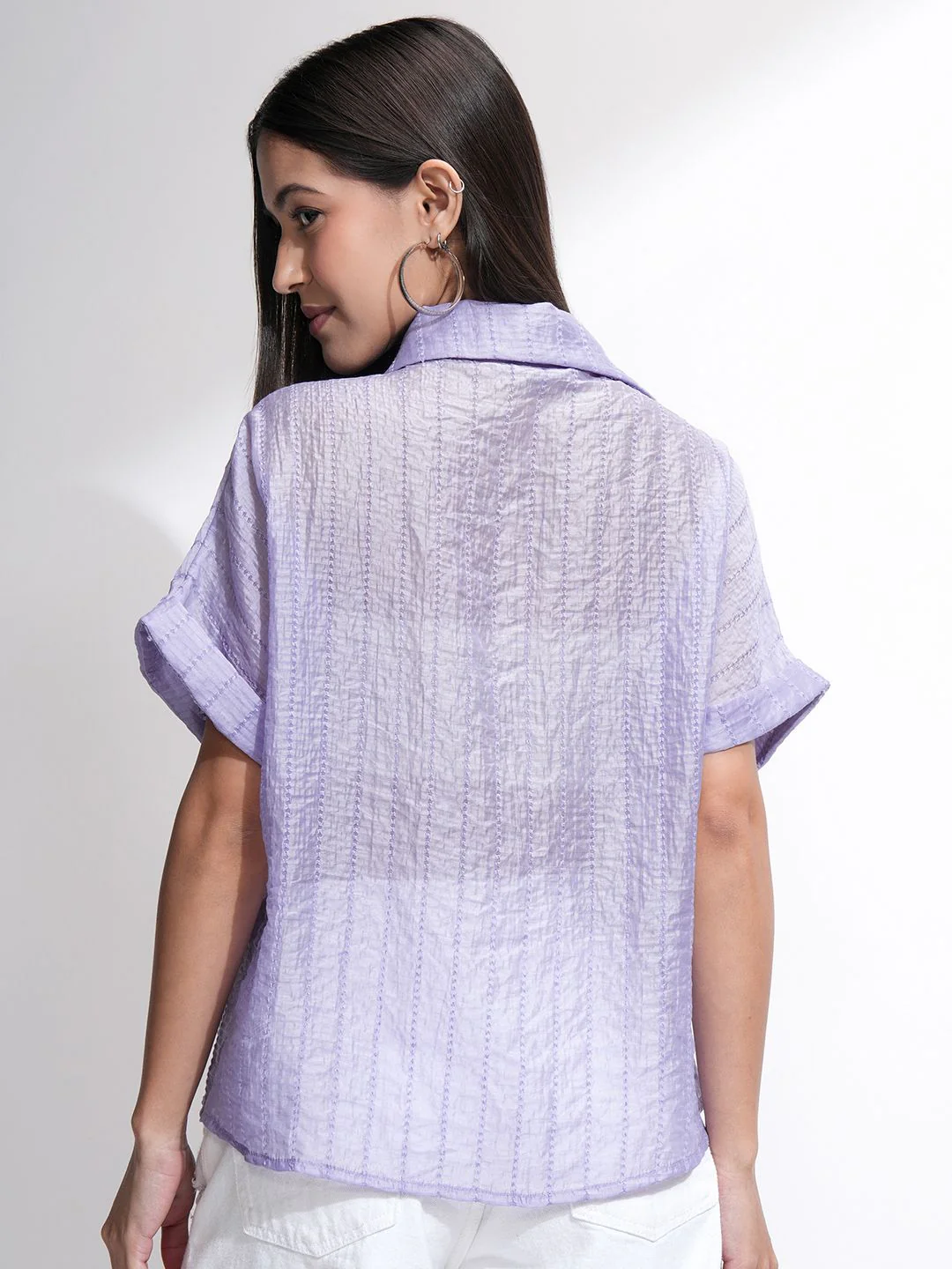 ESPYR By Tokyo Talkies Women Violet Solid Relaxed Fit Shirt - Image 4