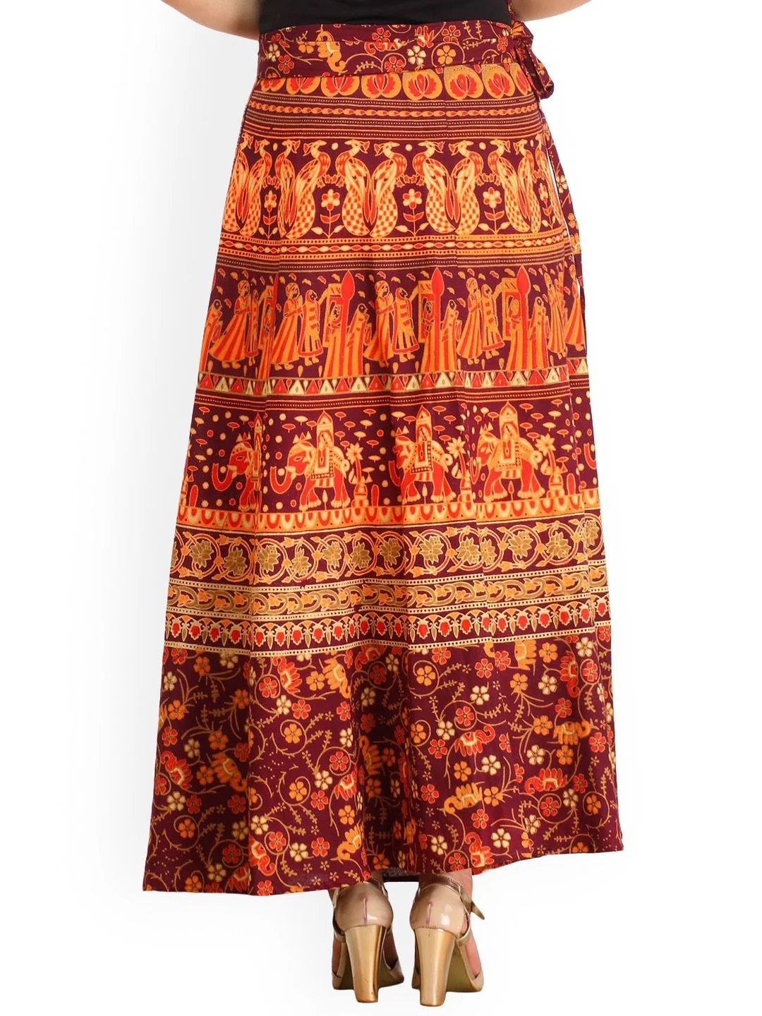 Exotic India Wrap around Long Skirt with Printed Wedding Scenes - Image 5