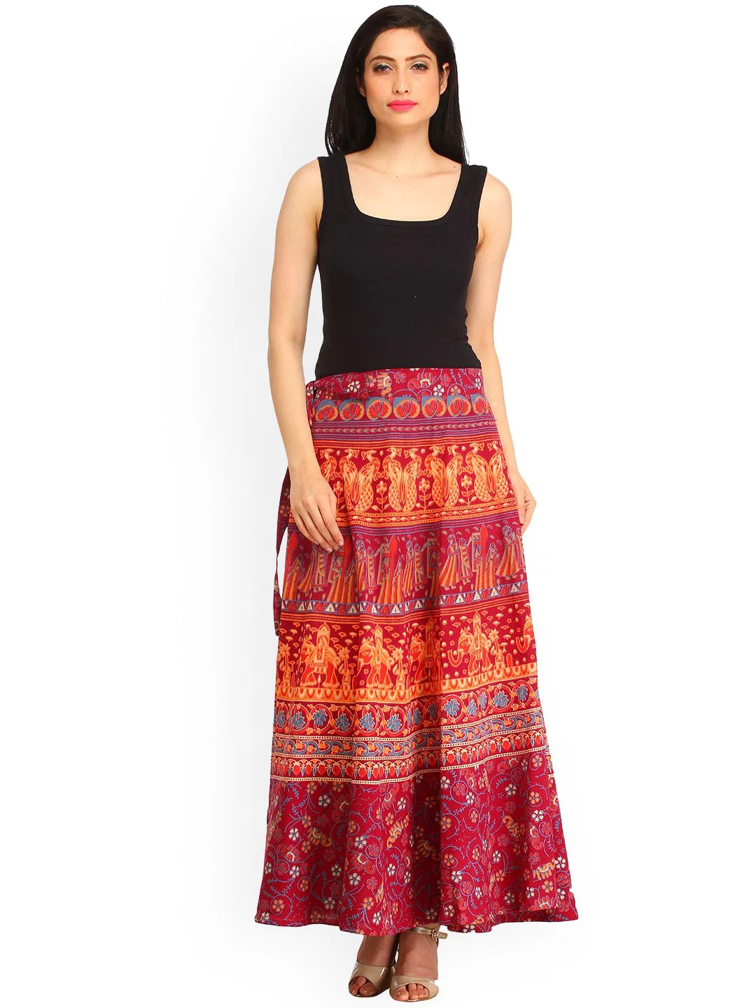 Exotic India Wrap-Around Mauve Wine Long Skirt with Printed Wedding Scenes - Image 4